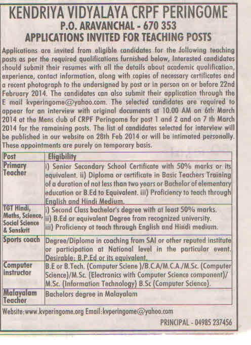 Applications invited for teaching posts.